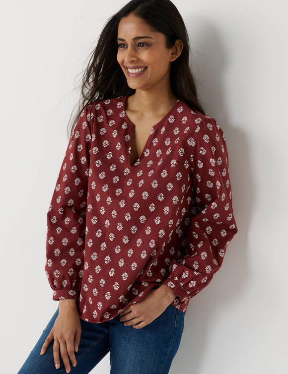 Blouse imprim&eacute; minimaliste en coton, col fendu (terracotta / &eacute;cru)