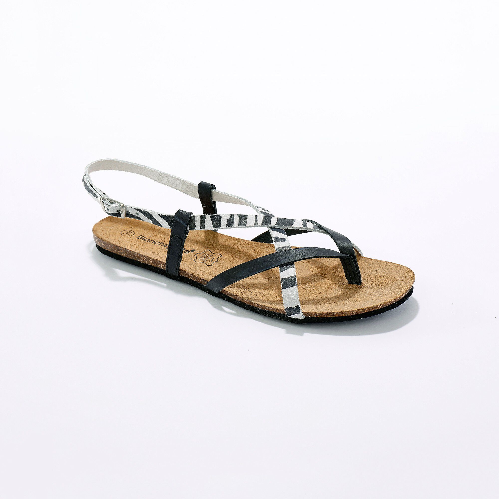 Teensandalen met meerdere riempjes, met dierenhuidprint en zool in kurk,  zwart | Blancheporte