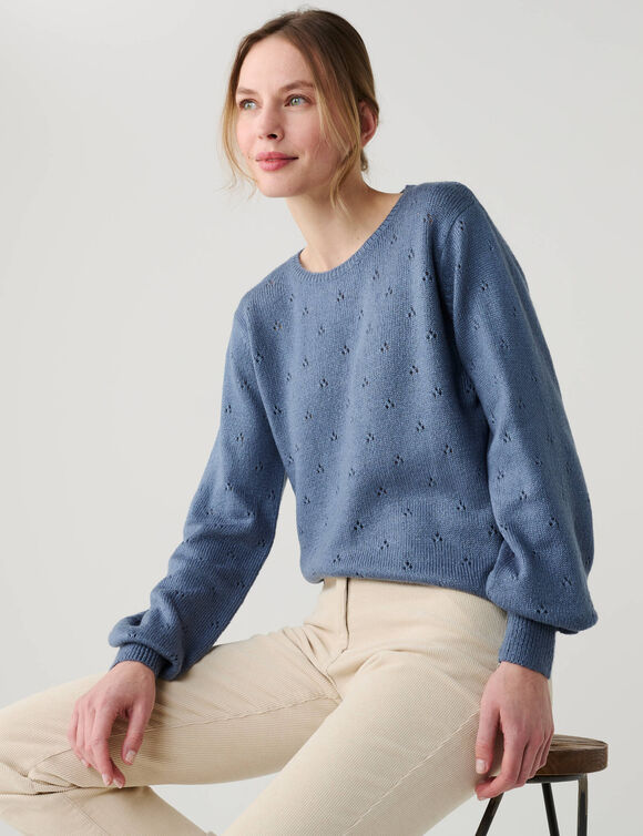 Pull col rond, maille pointelle toucher doux (bleu denim)