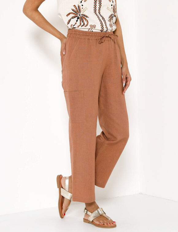 Pantacourt large &agrave; poches en coton-lin (noisette)