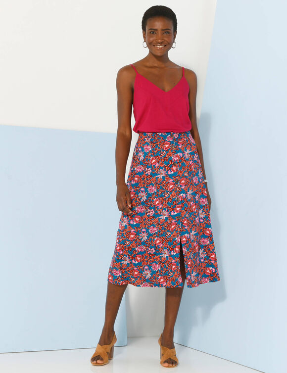 Jupe boutonnée fleuri unie, viscose  (bleu / violine)