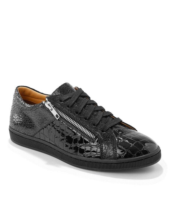 Lage sneakers in soepel leer met kroko-effect en rits (zwart)