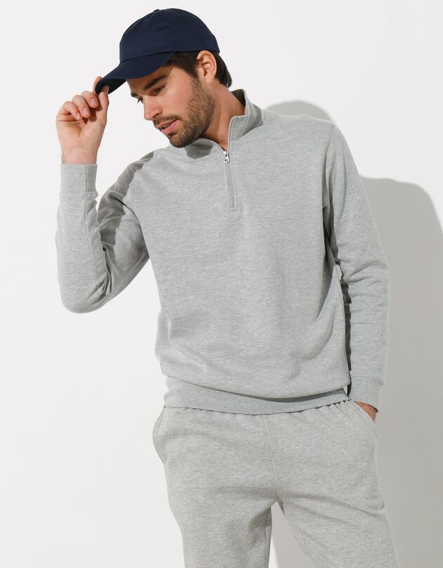 Sweat molleton col camionneur zippé (gris chiné)