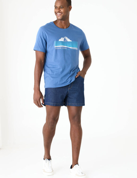 T-shirt col rond motif plac&eacute; manches courtes (bleu)