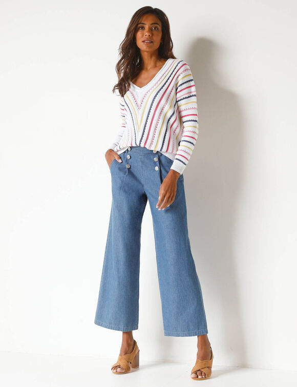 Pull V maille fantaisie, rayures graphiques (blanc / multicolore)