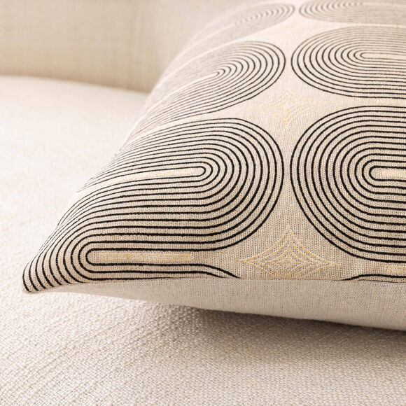 Rechthoekig kussen met grafische print en goudkleurige details (zwart / naturel)