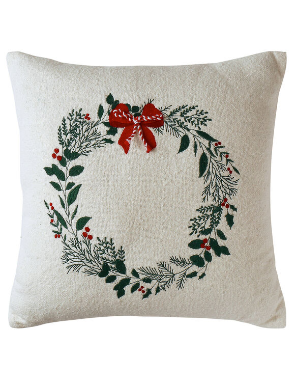 Kussen in katoenen lusjesstof, kerstborduursels (ecru / rood / groen)