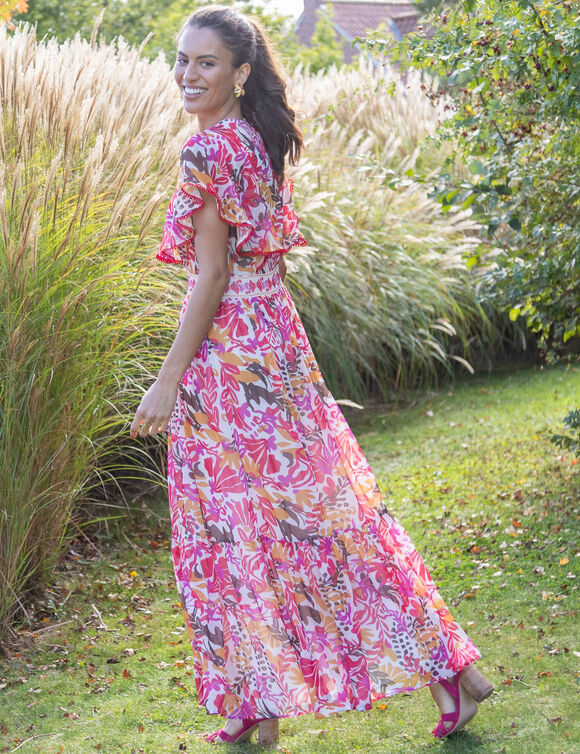 Robe longue manches volant&eacute;es, imprim&eacute; multicolore (multicolore)