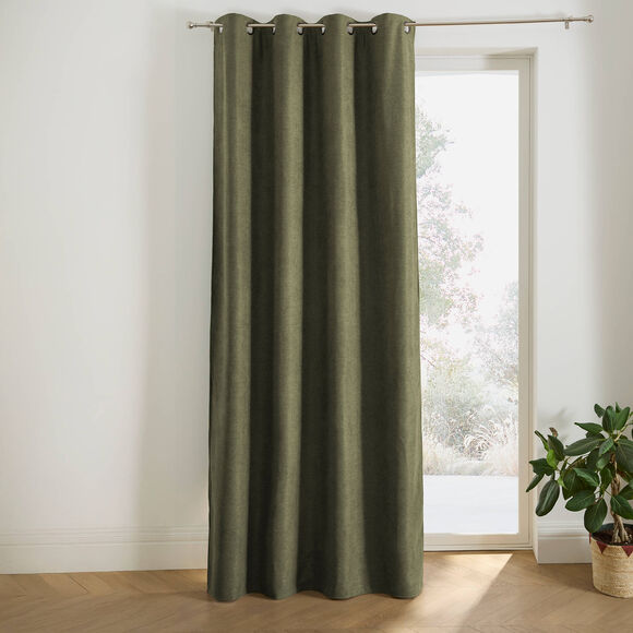 Verduisterend en isolerend gordijn, afgewerkt met oogringetjes (kaki)