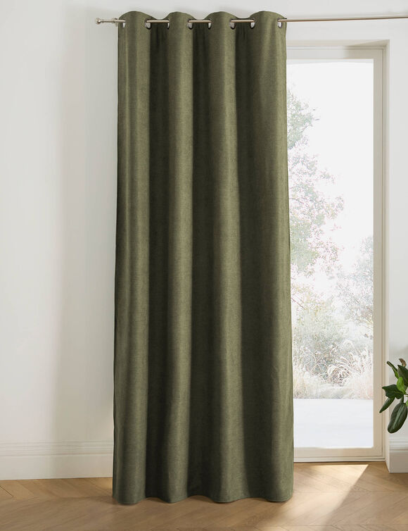 Verduisterend en isolerend gordijn, afgewerkt met oogringetjes (kaki)