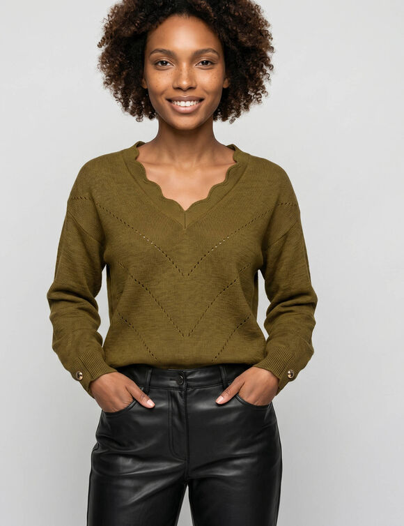 Pull col V festonn&eacute;, maille pointelle ajour&eacute;e fantaisie (bronze)