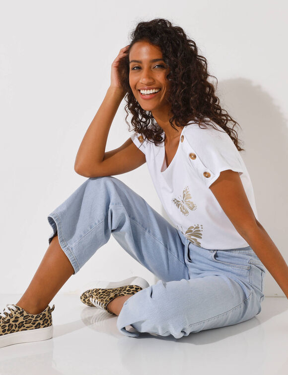 T-shirt col rond imprimé papillon doré (blanc)