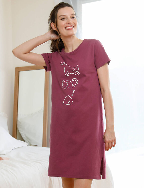 Kort nachthemd met korte mouwen, met kattenprint &ndash; set van 2 (pruim + roze)