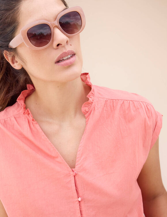 Chemisier manches courtes col volant&eacute;, uni (corail gris&eacute;)