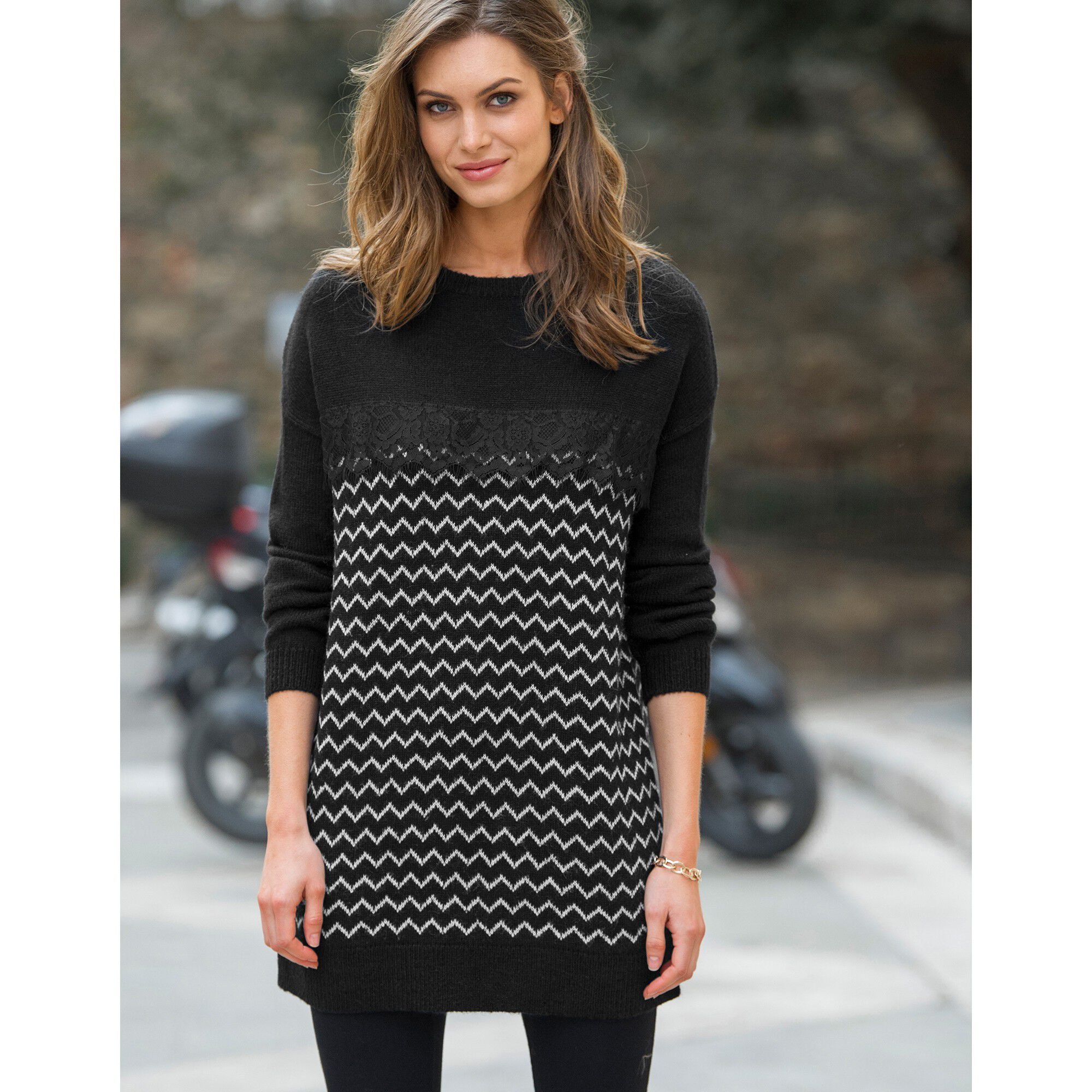 Pull tunique jacquard et dentelle | Blancheporte