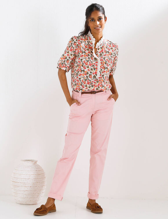 Chemisier imprim&eacute; fleurs, en gaze de coton    (kaki / rose)