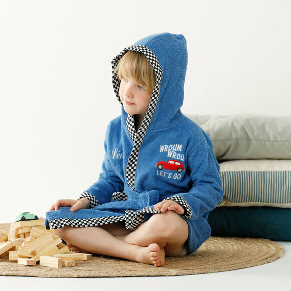 Badjas voor kinderen met kap en automotief, personaliseerbaar, katoenen badstof - 340 g/m2 (felblauw)