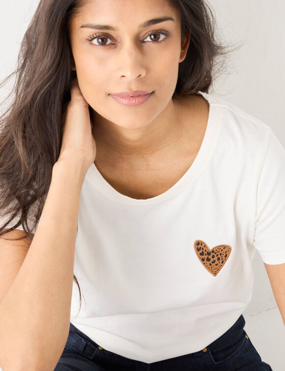 T-shirt uni brodé coeur manches courtes (écru / chocolat)