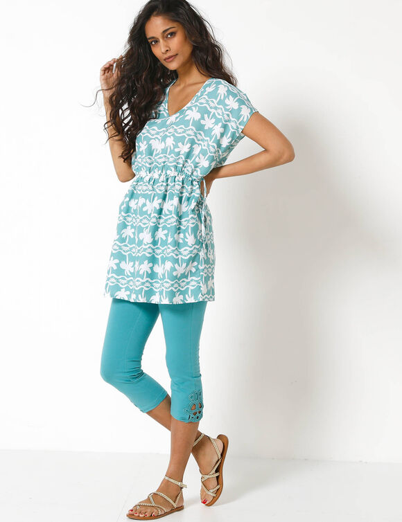 Tunique col V manches courtes, imprim&eacute; palmiers (c&eacute;ladon / blanc)