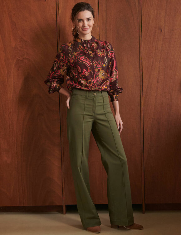 Pantalon large d&eacute;tails plis piqu&eacute;s (kaki)
