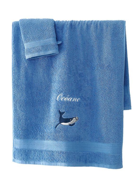 Badstof met geborduurd walvismotief, gepersonaliseerd - 420 g/m2 (felblauw)