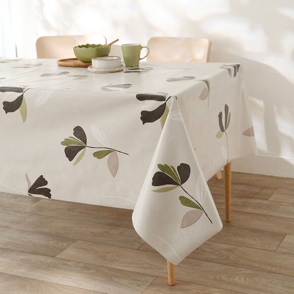 Tafellaken in toile cirée, bloemenprint (beige / groen)