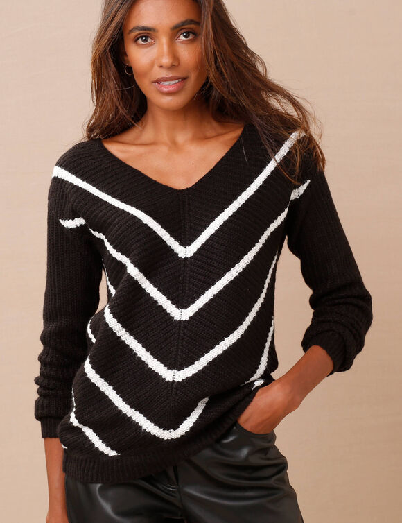 Pull col V rayé, maille anglaise toucher doux (noir / blanc)