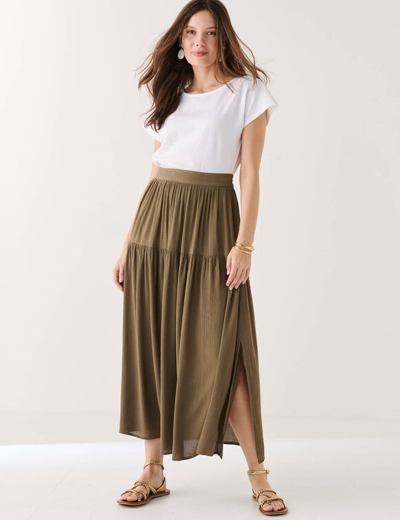 Jupon long uni fente c&ocirc;t&eacute; (kaki)