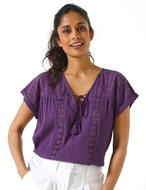 Blouse macram&eacute;, cr&eacute;pon coton (violet)