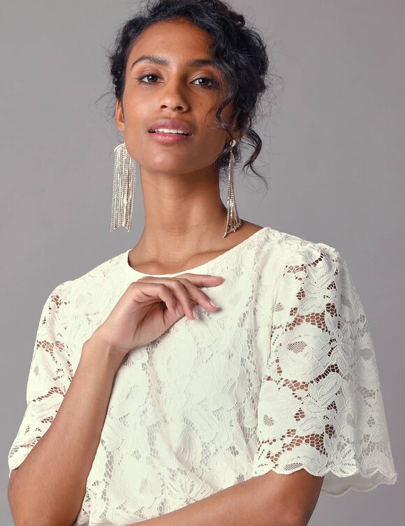 Robe drapée dentelle, manches papillon (écru)