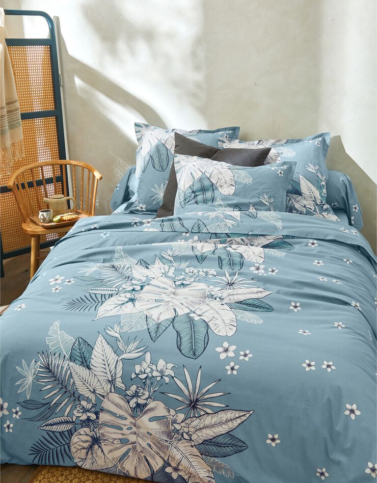 Linge de lit Elyse en coton imprimé fleurs et feuilles de palmes (bleu)