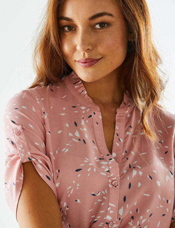 Tunique col tunisien boutonn&eacute;e imprim&eacute;e (rose poudr&eacute;)