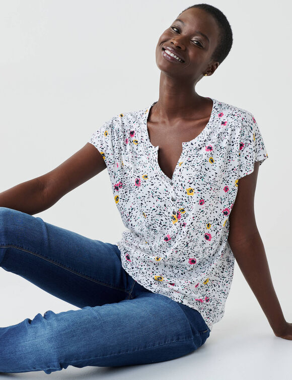 T-shirt col tunisien manches courtes, imprimé (blanc)