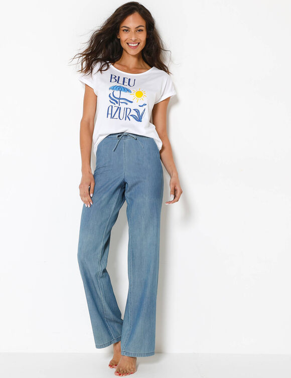 T-shirt col rond manches courtes, imprim&eacute; plac&eacute; "Bleu azur" (blanc / bleu)