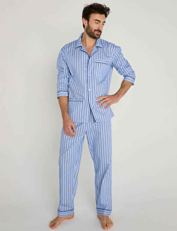 Pyjama rayures popeline coton (bleu ciel)