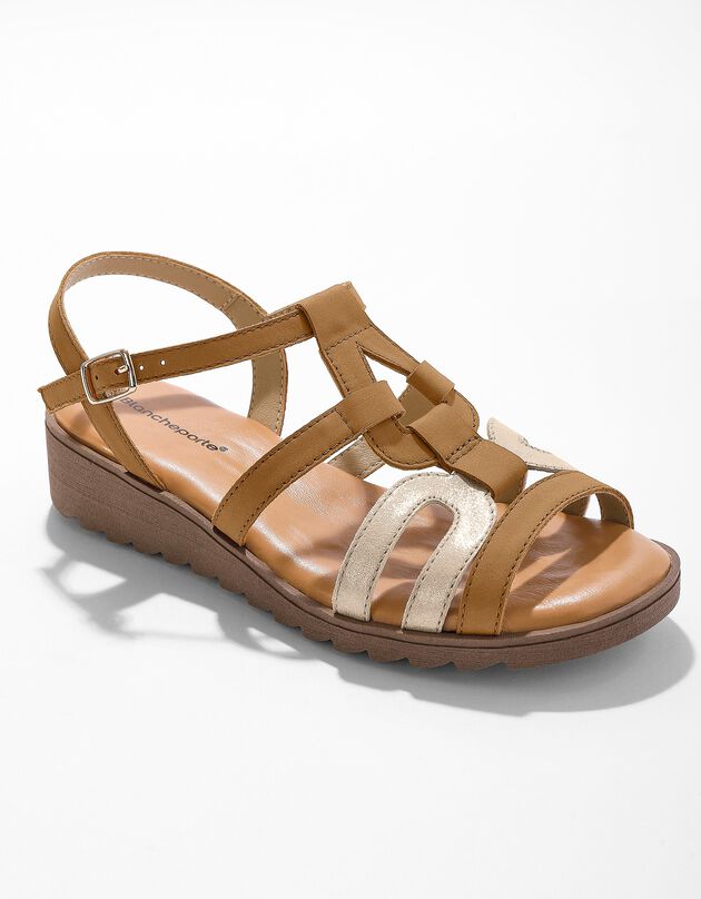 Sandales compensées cuir bi-matière (marron / doré)