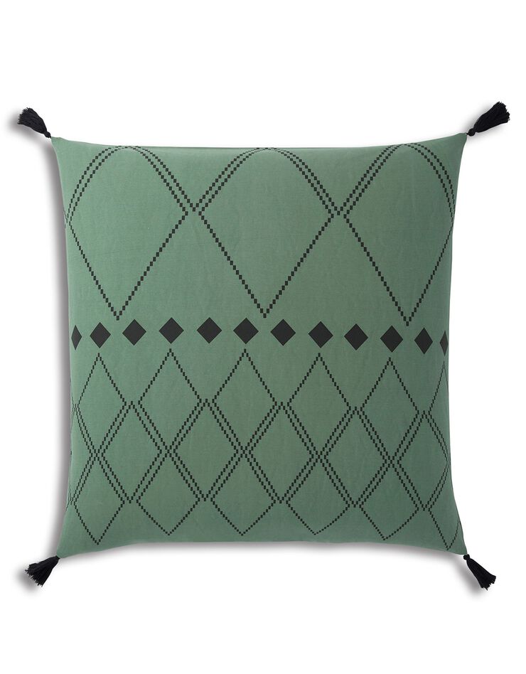 Linge de lit Massai coton à motifs graphiques et finitions pompons, vert, hi-res image number 6