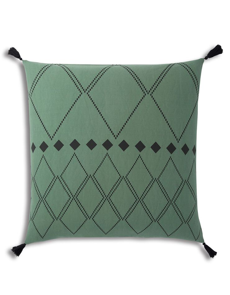 Linge de lit Massai coton à motifs graphiques et finitions pompons, vert Linge de lit Massai coton à motifs graphiques et finitions pompons, vert, hi-res image number 6