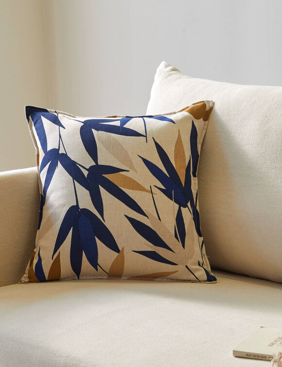 Coussin imprimé feuilles (beige / marine)