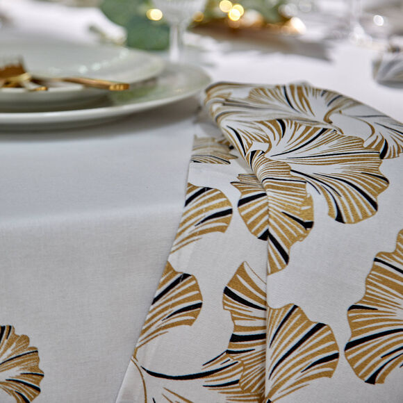 Nappe coton, imprim&eacute;e m&eacute;tallis&eacute; gingko (blanc / dor&eacute;)