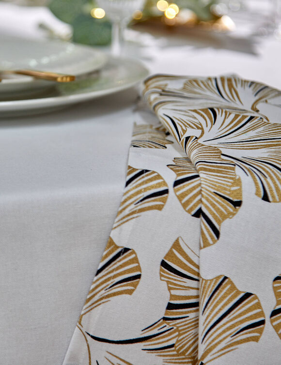 Katoen tafellaken, bedrukt met metallic gingko-print (wit / goudkleurig)
