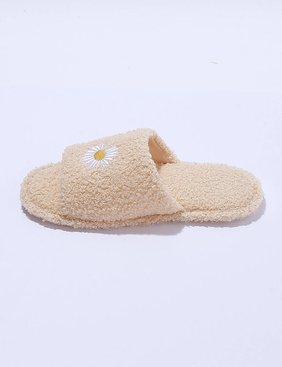 Mules plates ouvertes brod&eacute;es marguerite (beige)