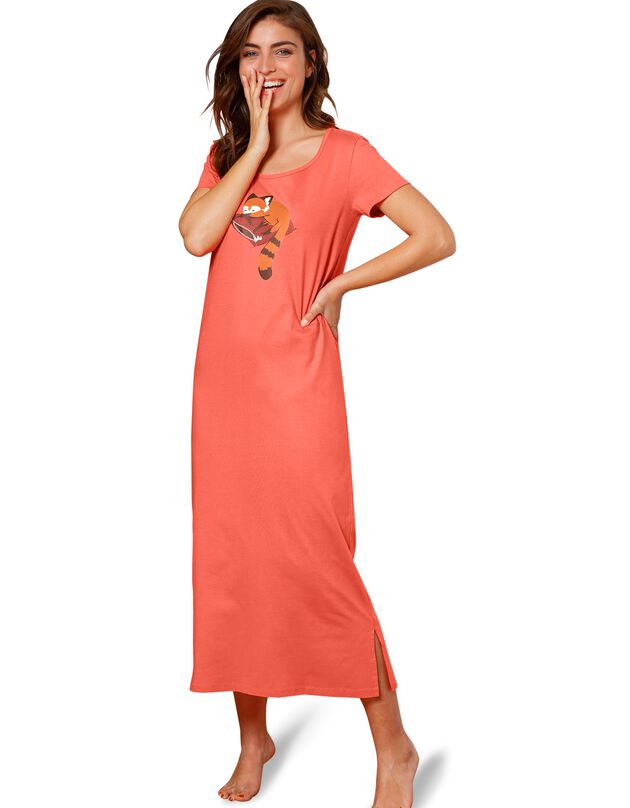 Chemise de nuit longue manches courtes motif "panda roux", corail Chemise de nuit longue manches courtes motif "panda roux", corail, hi-res
