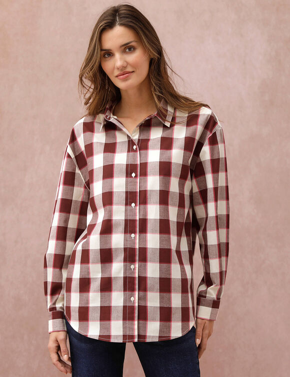 Chemise ample &agrave; carreaux, fils tiss&eacute;s teints (bordeaux / &eacute;cru)