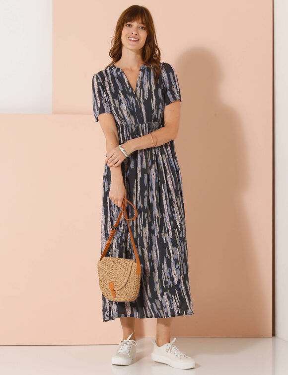 Robe longue en crépon, imprimée (marine / écru)