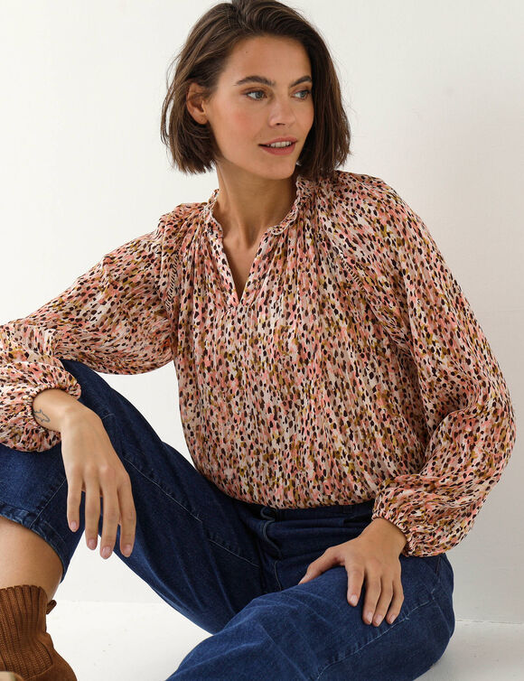 Blouse van voile met bedrukte tachistische print (blushroze)