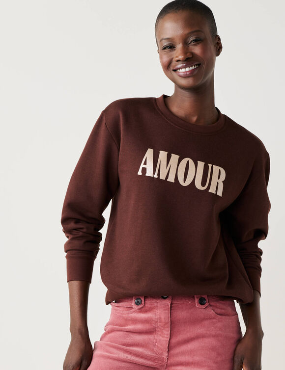 Sweat &agrave; message brillant Amour, en molleton gratt&eacute; (chocolat)