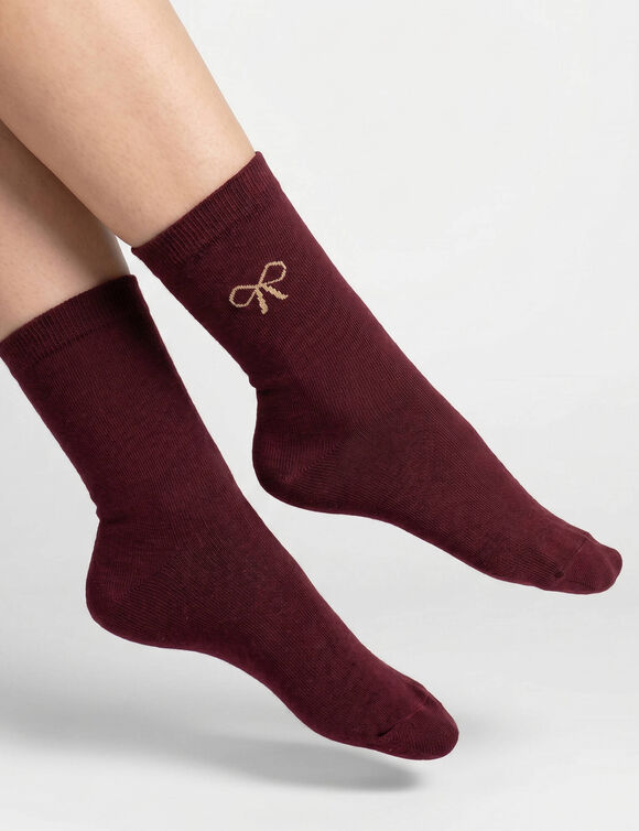 Chaussettes imprim&eacute;es "noeud" - lot de 7 paires (bordeaux + marine + rose)