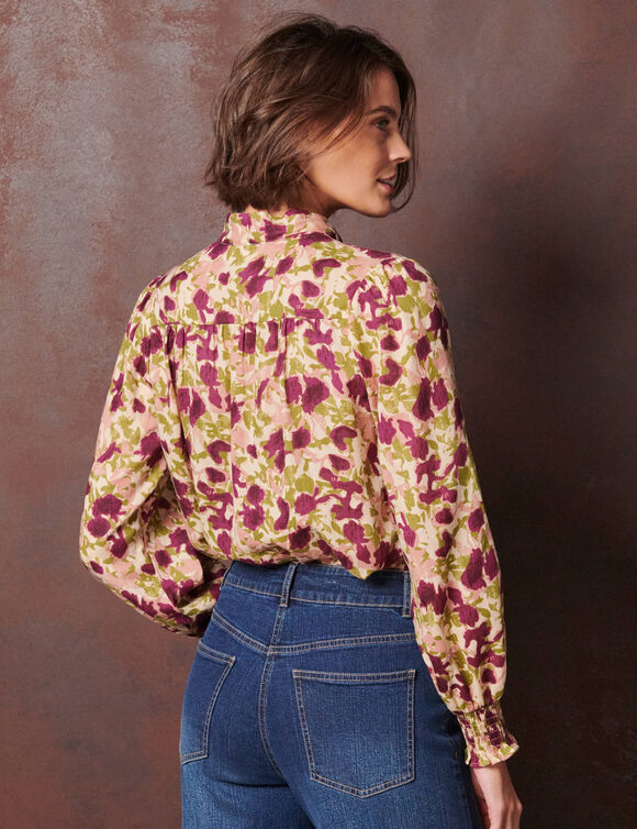 Blouse &agrave; lavalli&egrave;re manches longues, imprim&eacute; fleuri (bordeaux / beige)