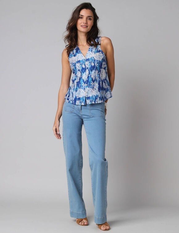 Blouse &agrave; godets imprim&eacute; fleuri, sans manches (bleu)